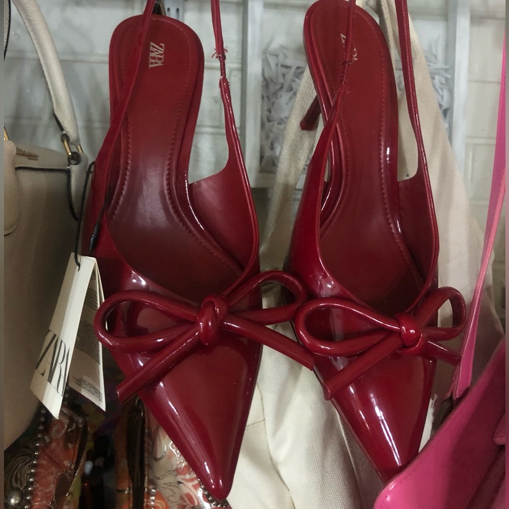 Zara Red Patent Pointed Slingback Pumps with Bow Accent